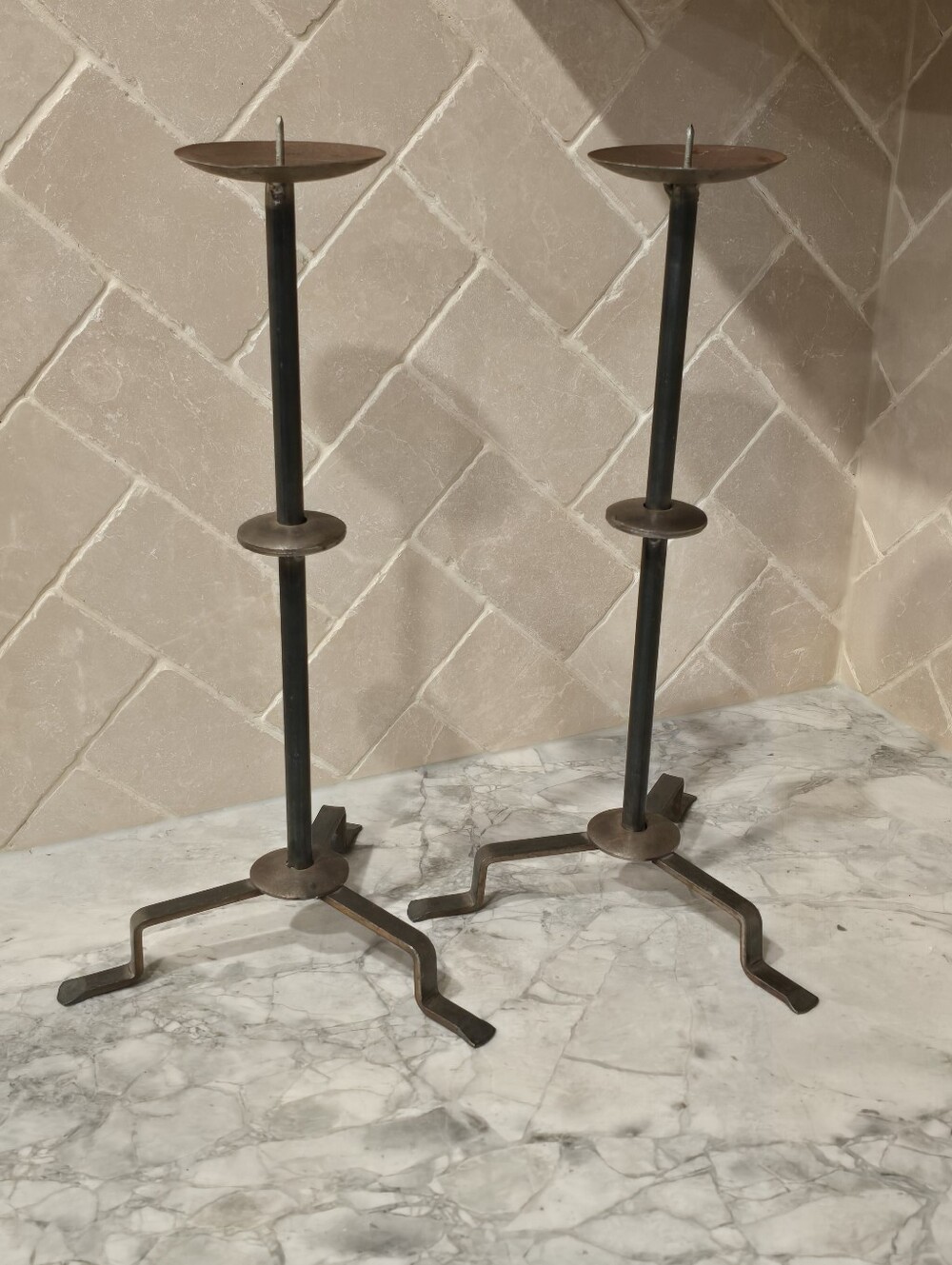 Vintage Pair of Wrought Iron Candle Holders Metal Candlesticks Organic Modern